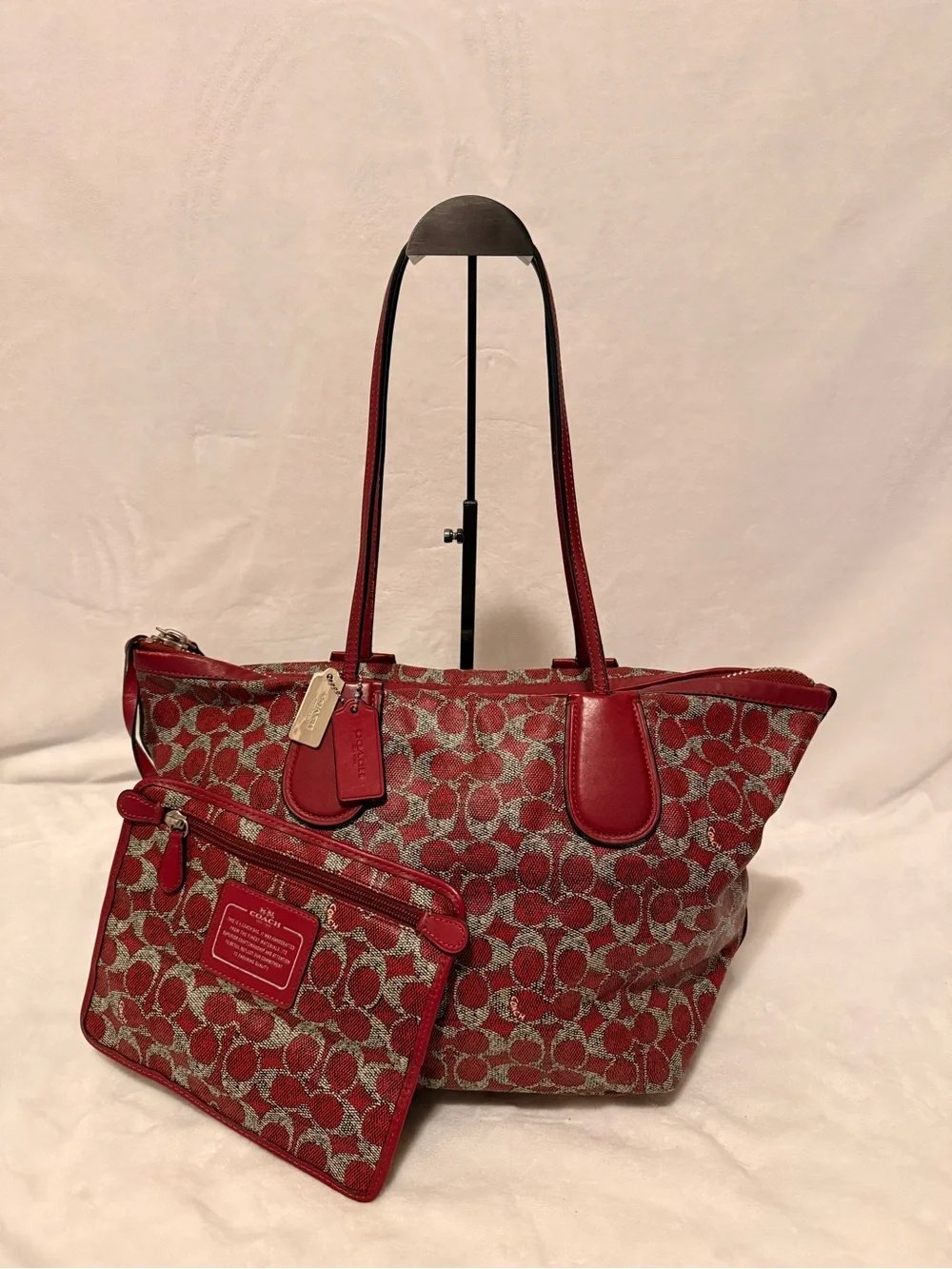 Coach Signature Coated Canvas Taxi Zip Top Red Tote with Removable Pouch